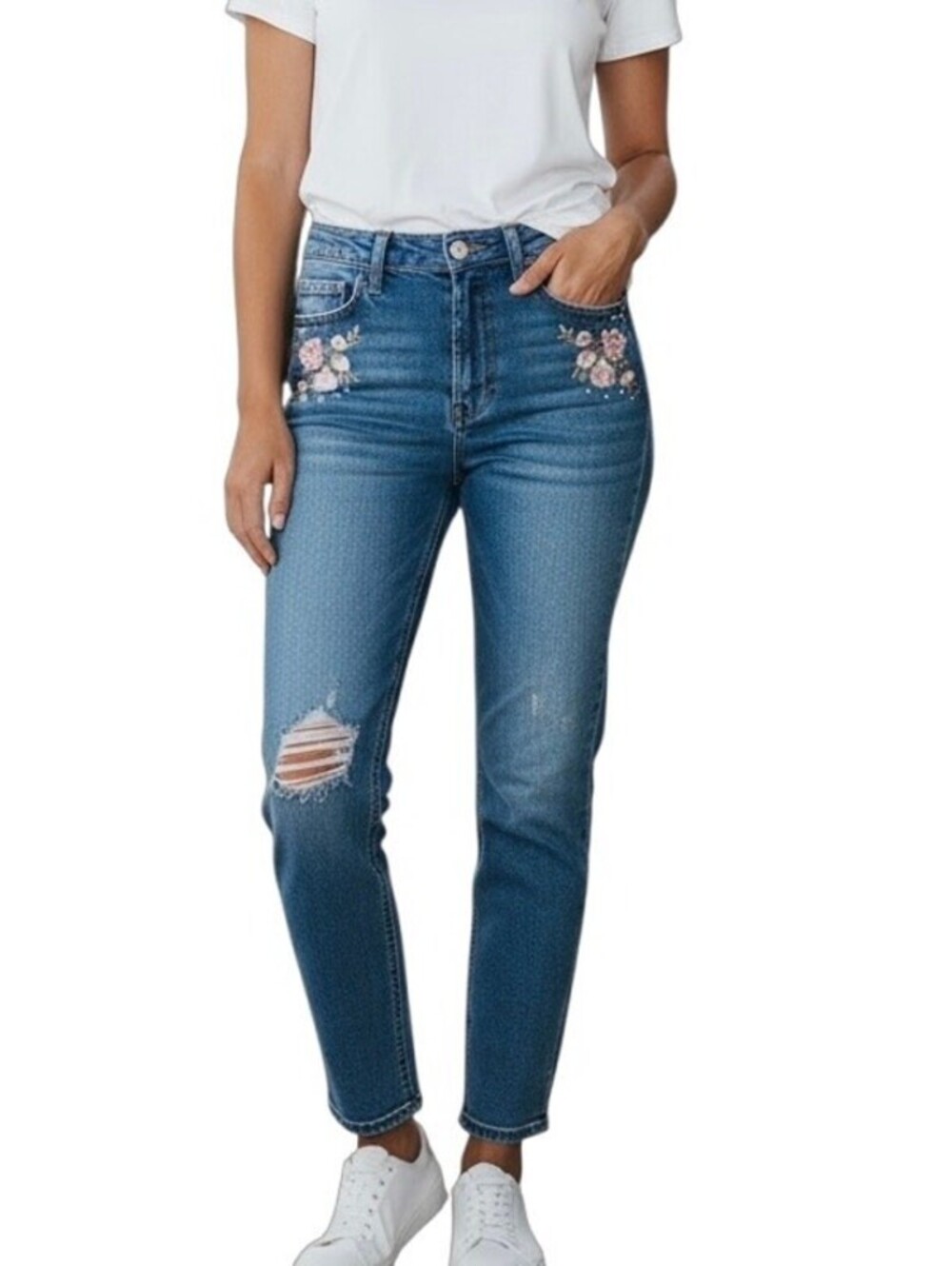 Angel Kiss Women's Embroidered Skinny Jeans 5 Beaded Mid Rise Distressed Denim